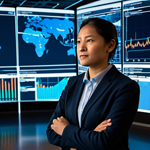A diverse professional data analyst, fully clothed in a modest business casual outfit, stands in a modern, high-tech control room. Large transparent screens in the background display real-time logistical data visualizations with glowing network lines and abstract representations of shipping routes, hinting at a bustling Dutch port. The setting emphasizes advanced technology and efficient data flow. The image features perfect anatomy, correct proportions, well-formed hands, and a natural pose. This is a professional image, safe for work, appropriate content, fully clothed, and family-friendly.