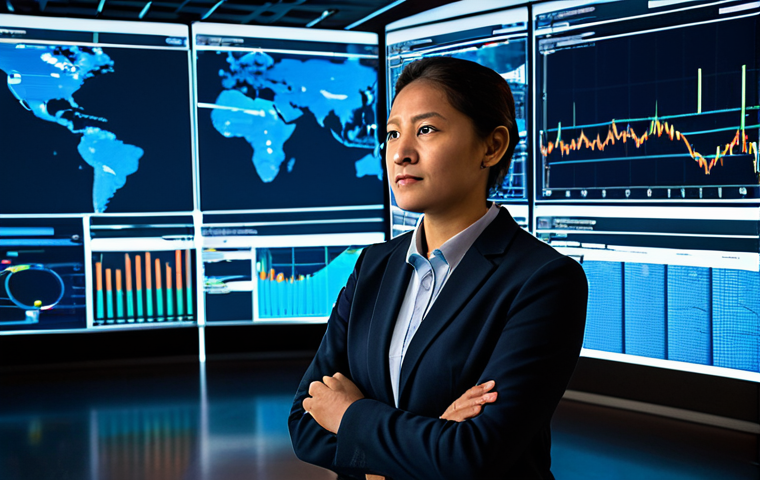 A diverse professional data analyst, fully clothed in a modest business casual outfit, stands in a modern, high-tech control room. Large transparent screens in the background display real-time logistical data visualizations with glowing network lines and abstract representations of shipping routes, hinting at a bustling Dutch port. The setting emphasizes advanced technology and efficient data flow. The image features perfect anatomy, correct proportions, well-formed hands, and a natural pose. This is a professional image, safe for work, appropriate content, fully clothed, and family-friendly.