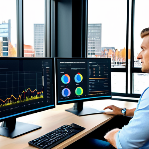 Real-time Data Dashboard in a Modern Office**

"A professional data analyst, fully clothed in appropriate business attire, working at a large, brightly lit monitor displaying a Grafana dashboard with real-time data visualizations. The dashboard shows charts related to wind turbine energy production in the Netherlands. Modern office setting with large windows overlooking Amsterdam canals. Safe for work, appropriate content, professional, perfect anatomy, natural proportions, high quality rendering."

**