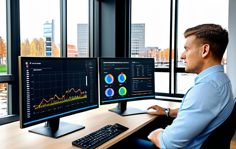 Real-time Data Dashboard in a Modern Office**

"A professional data analyst, fully clothed in appropriate business attire, working at a large, brightly lit monitor displaying a Grafana dashboard with real-time data visualizations. The dashboard shows charts related to wind turbine energy production in the Netherlands. Modern office setting with large windows overlooking Amsterdam canals. Safe for work, appropriate content, professional, perfect anatomy, natural proportions, high quality rendering."

**